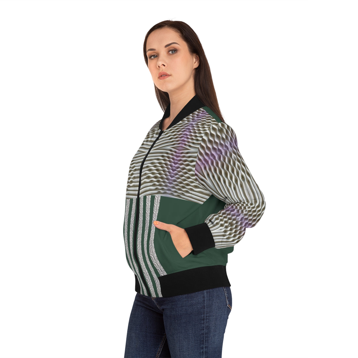 Rich green.Emerald Stripe Womens Bomber Jacket — Geometric AOP Fashion