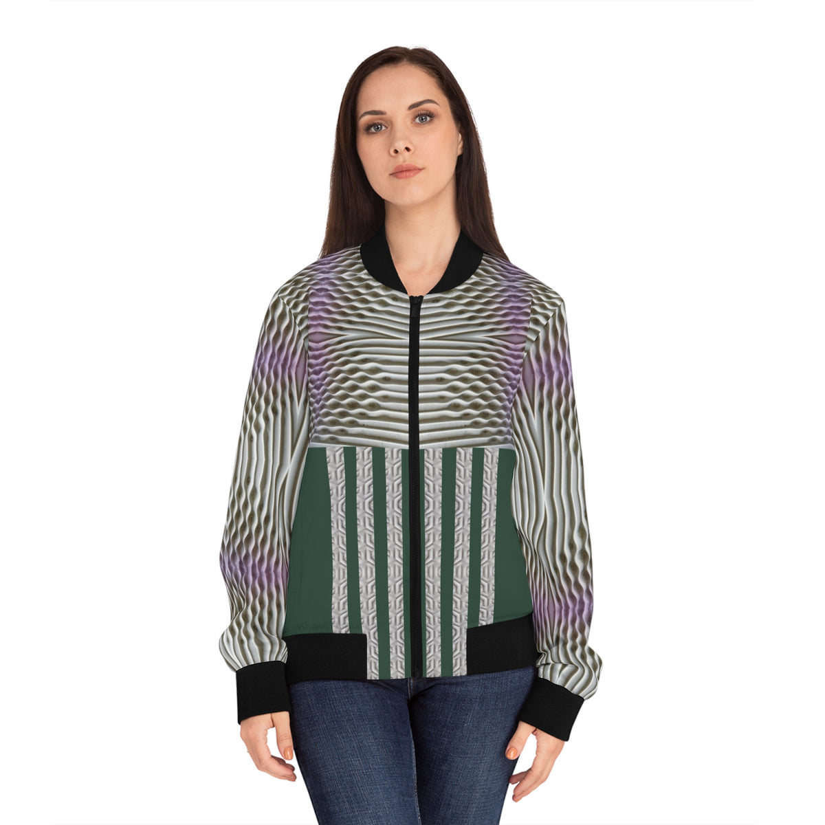 Rich green.Emerald Stripe Womens Bomber Jacket — Geometric AOP Fashion