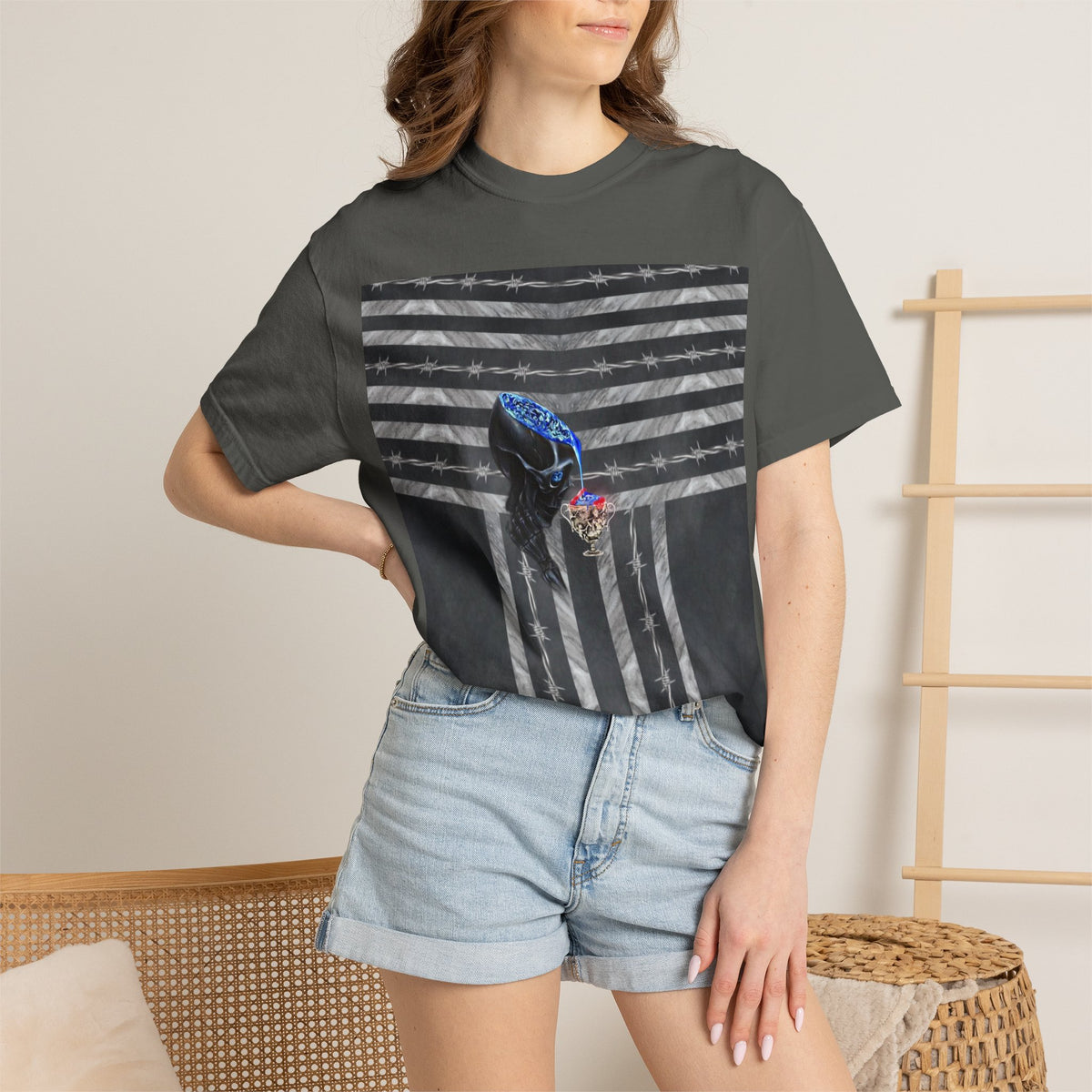 Skeleton dripping blood in silver cup Italian 20th century. Abstract Crow & Flag Graphic T-Shirt
