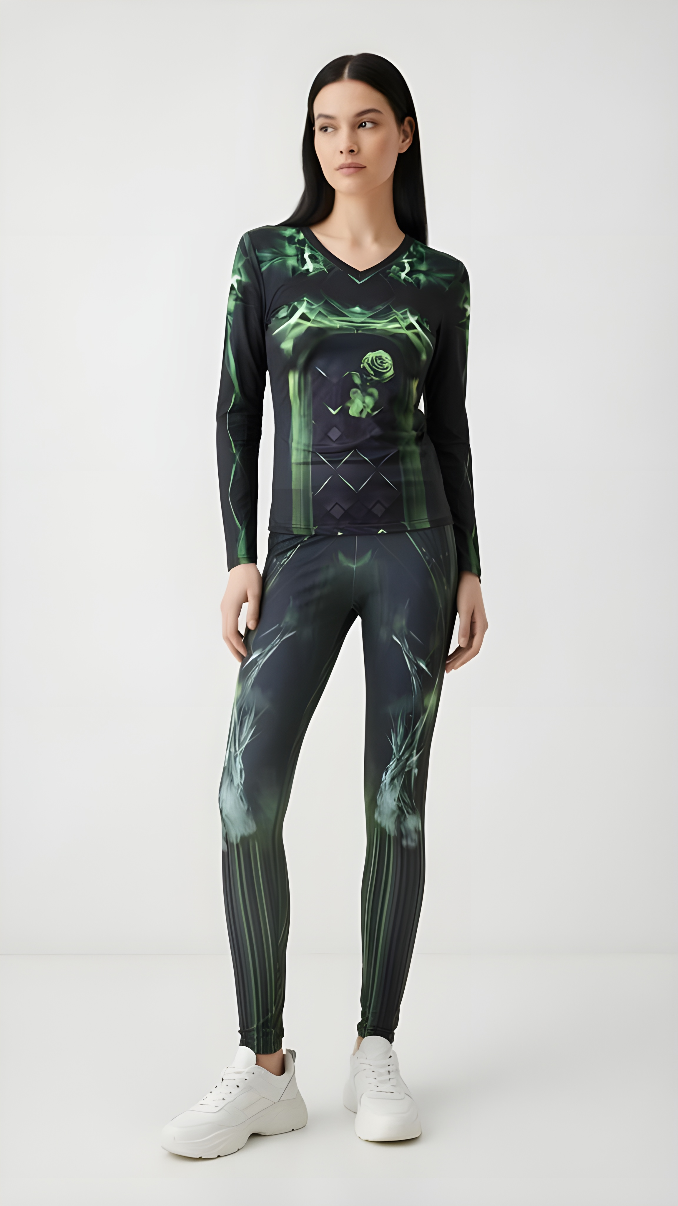 Emerald Green .Abstract Low-Rise Casual Leggings for Active Women