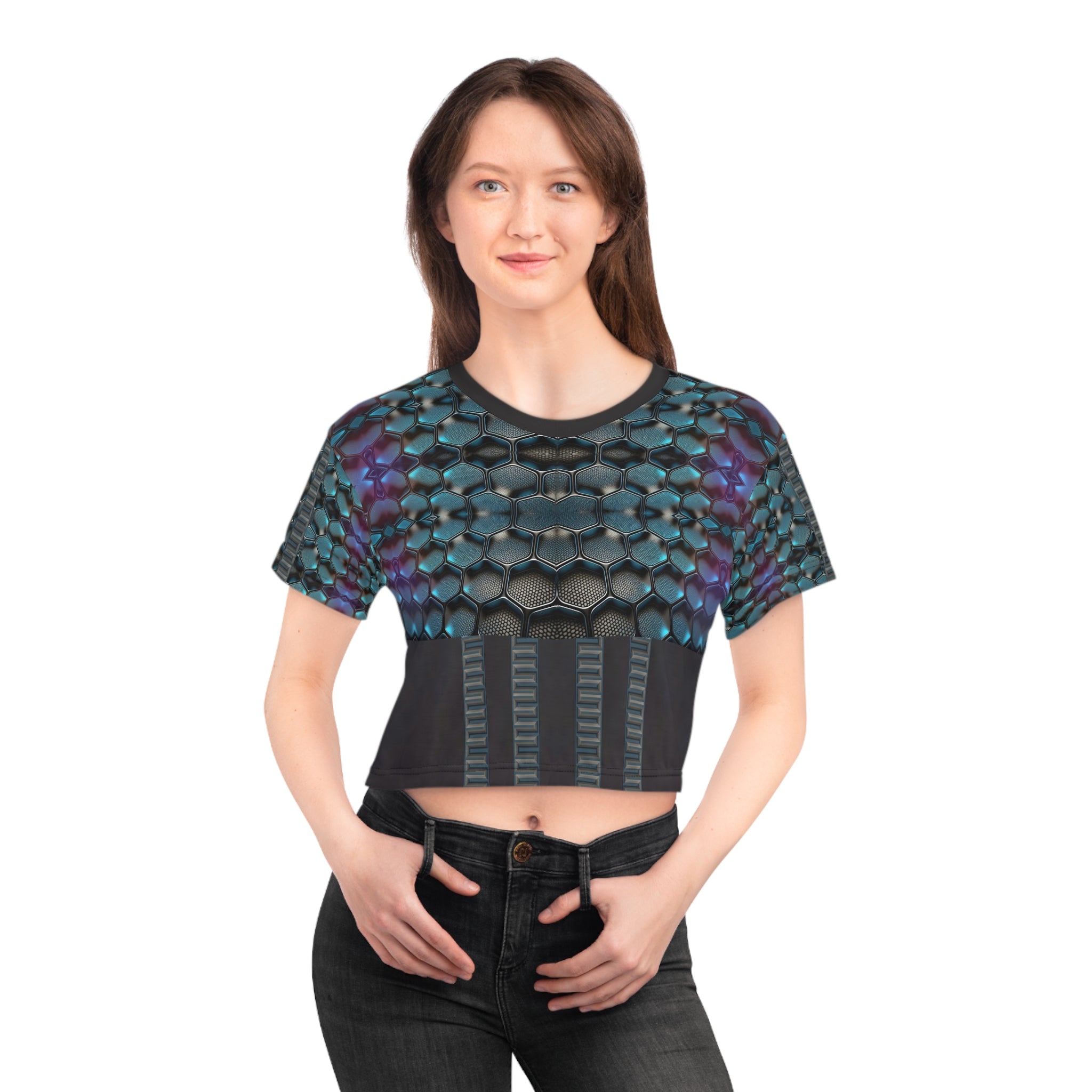 Teal Hexagon,Crop Tee (AOP) .