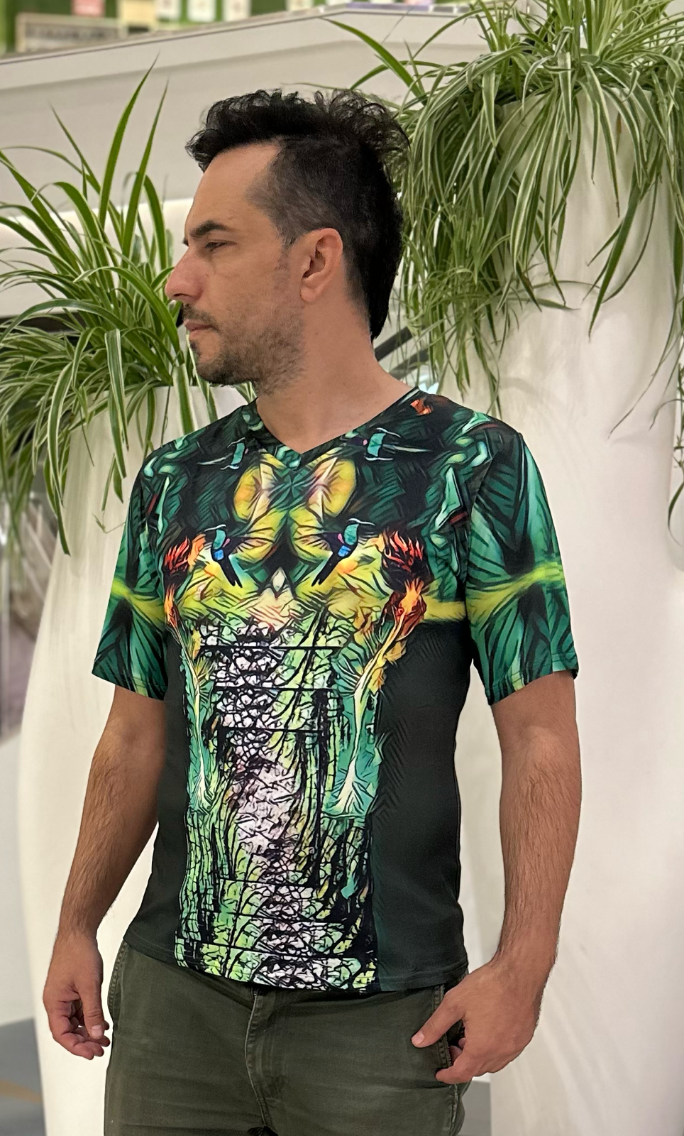 Fire Flower,V-neck,Short sleeve for Men