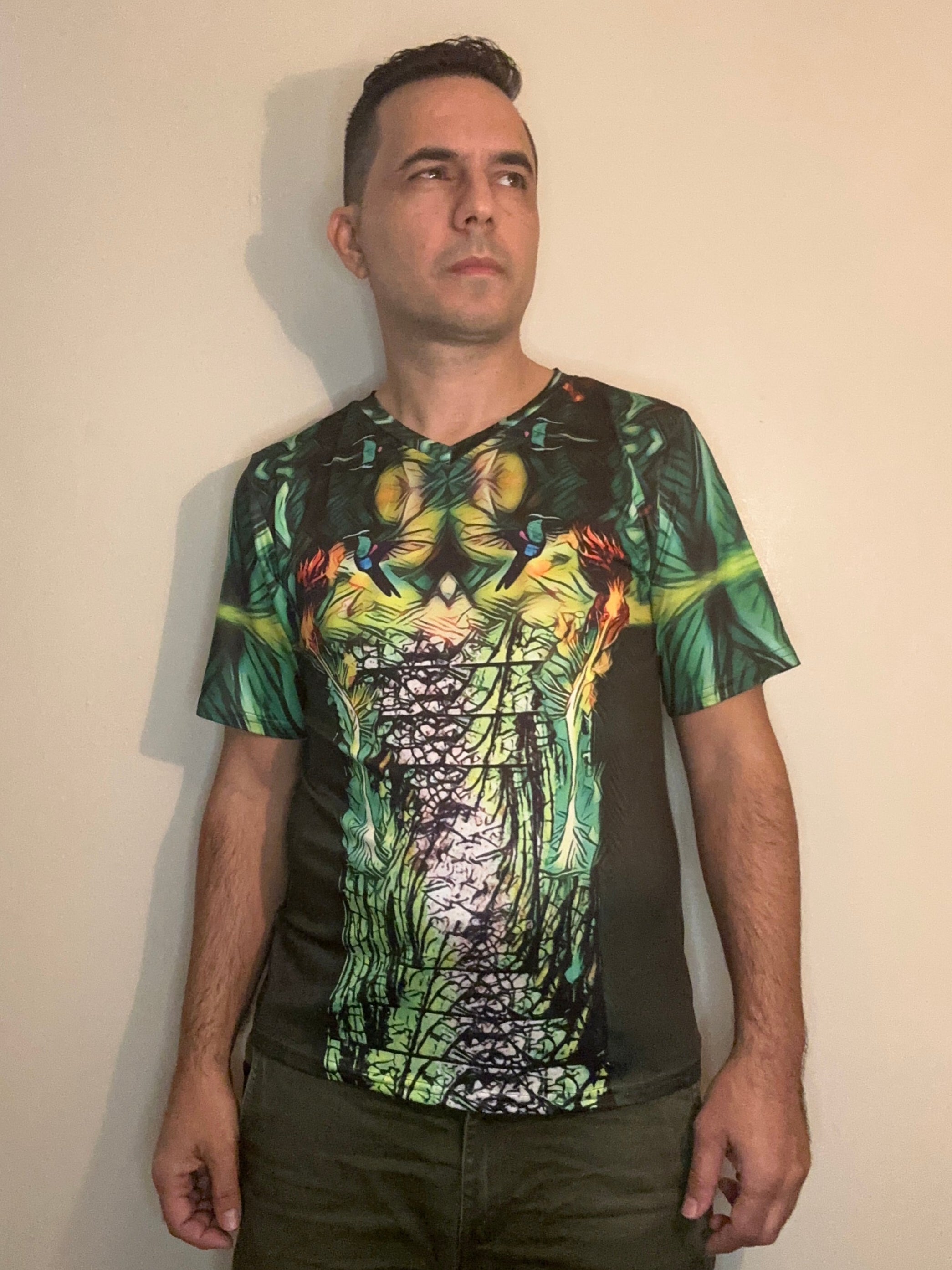 Fire Flower,V-neck,Short sleeve for Men