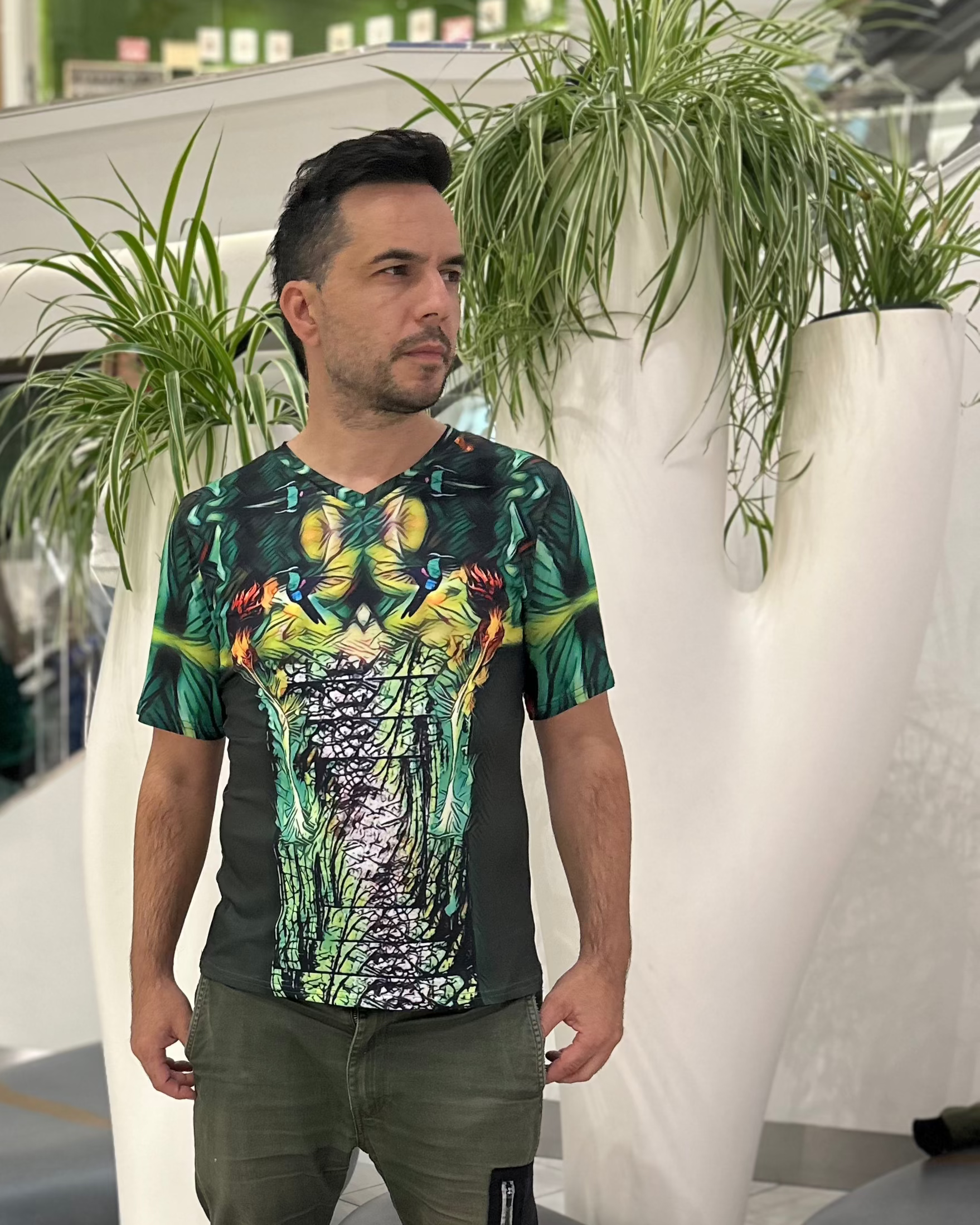 Fire Flower,V-neck,Short sleeve for Men