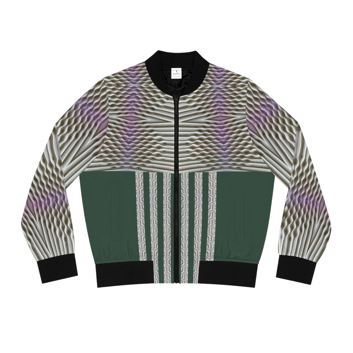 Rich green.Emerald Stripe Womens Bomber Jacket — Geometric AOP Fashion