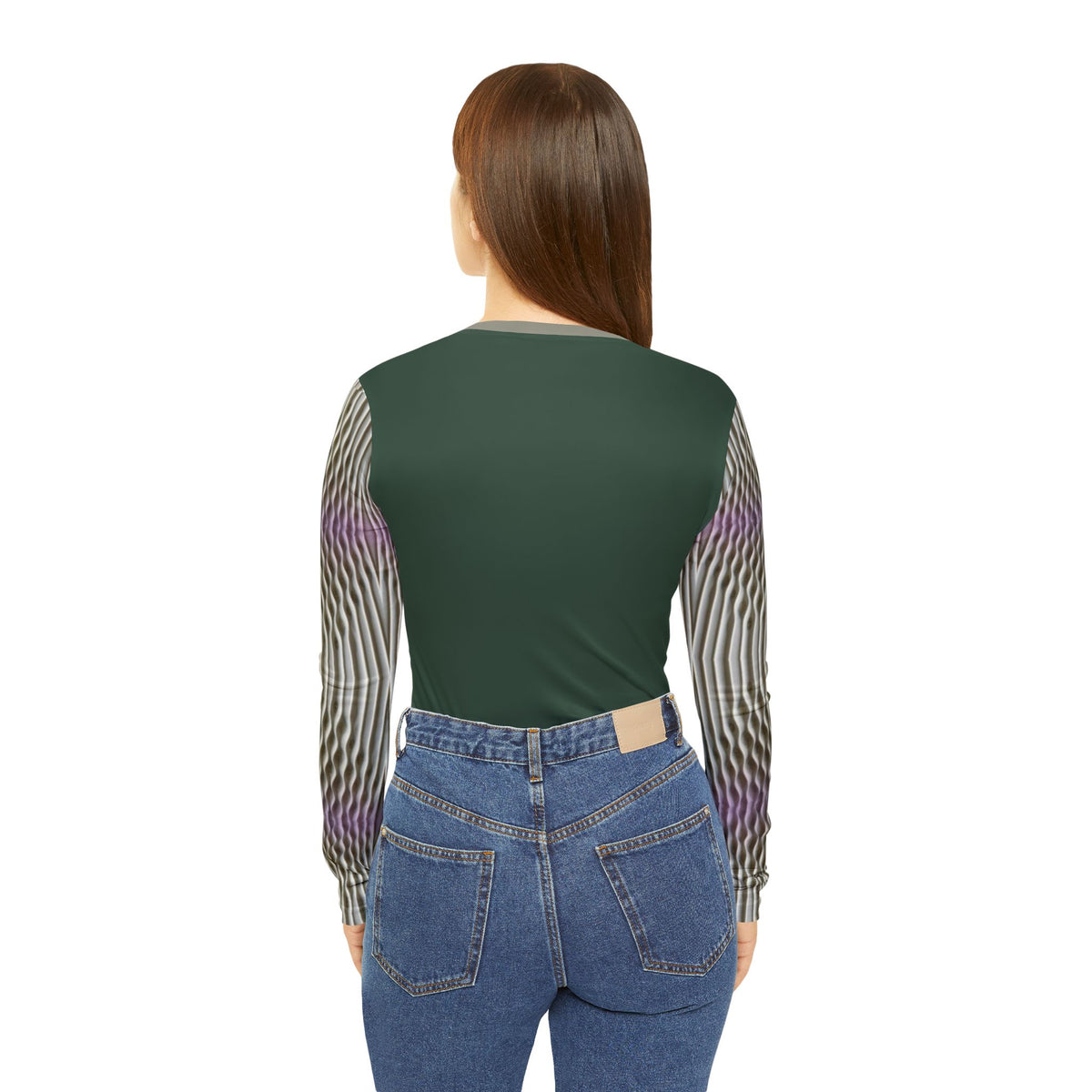 Rich Green,Geometric Wave V-Neck Long Sleeve Shirt