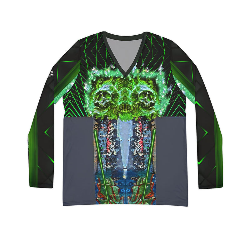 Green skeleton.Women's Long Sleeve V-neck Shirt (AOP)