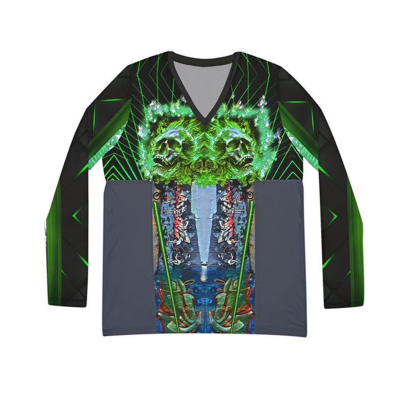 Green skeleton .Women's Long Sleeve V-neck Shirt (AOP)