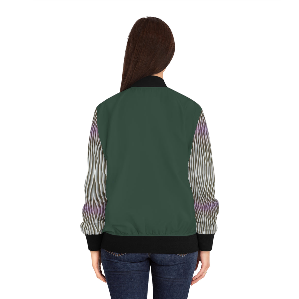 Rich green.Emerald Stripe Womens Bomber Jacket — Geometric AOP Fashion