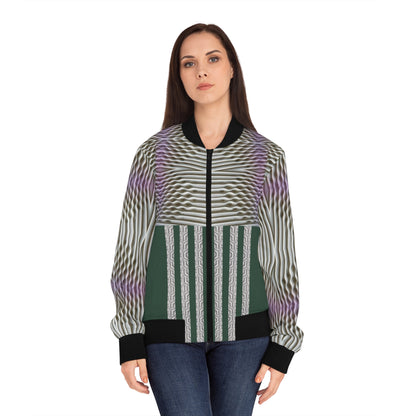Rich green.Emerald Stripe Womens Bomber Jacket — Geometric AOP Fashion