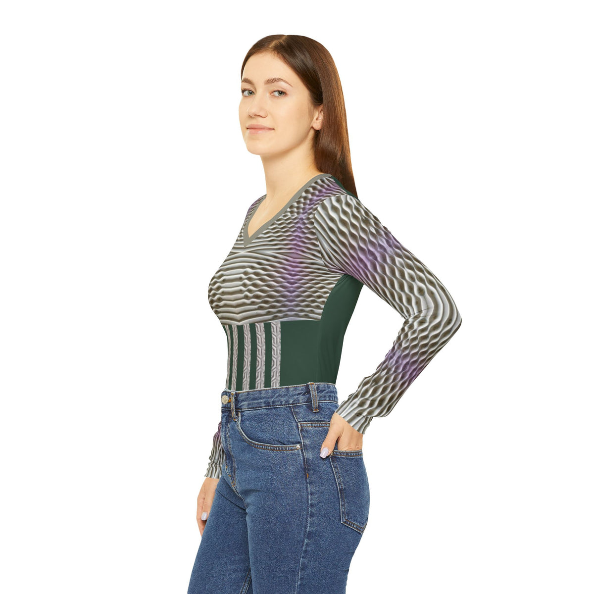 Rich Green,Geometric Wave V-Neck Long Sleeve Shirt