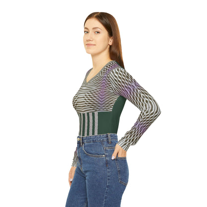 Rich Green,Geometric Wave V-Neck Long Sleeve Shirt
