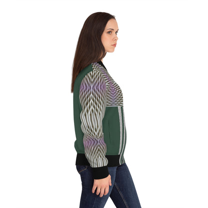 Rich green.Emerald Stripe Womens Bomber Jacket — Geometric AOP Fashion