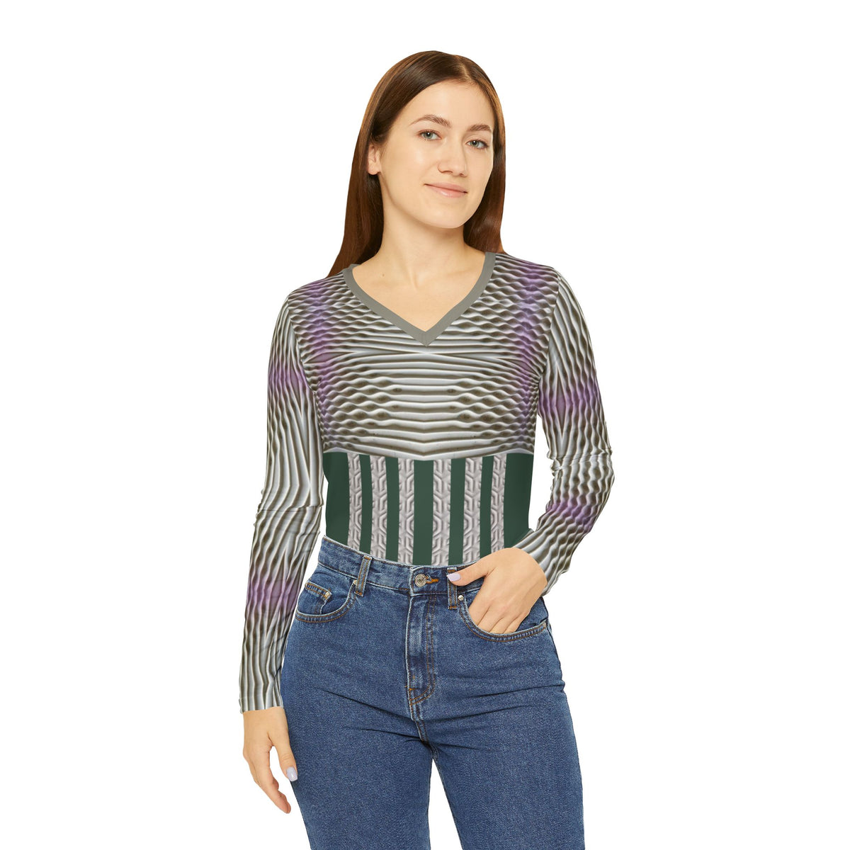 Rich Green,Geometric Wave V-Neck Long Sleeve Shirt