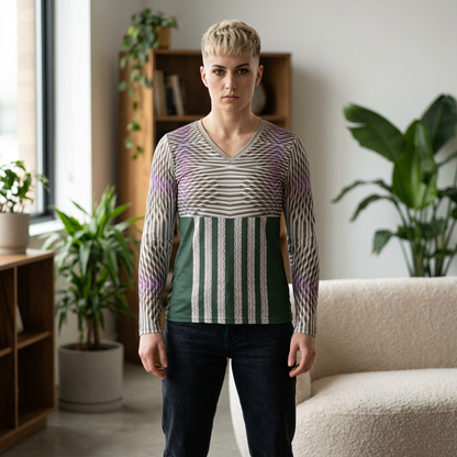 Rich Green,Geometric Wave V-Neck Long Sleeve Shirt