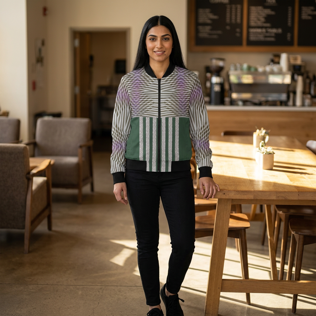 Rich green.Emerald Stripe Womens Bomber Jacket — Geometric AOP Fashion