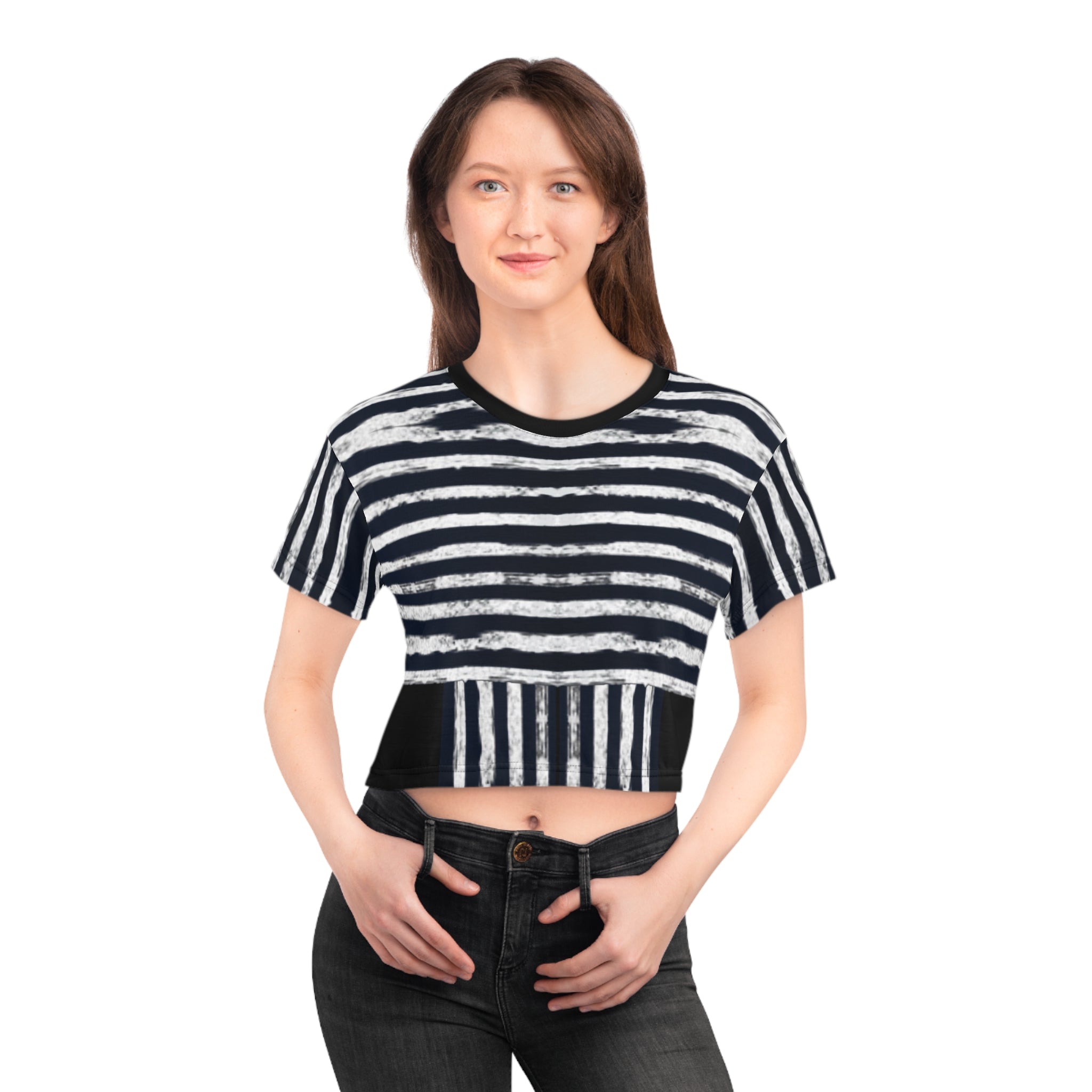 Crop Tee - White Scratch Lines Graphic Design T-Shirt