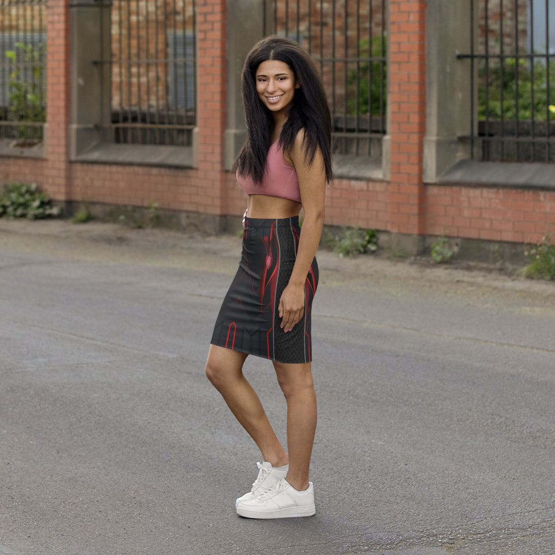 Bold Red and Black Mid-Waist Pencil Skirt for Confident Women