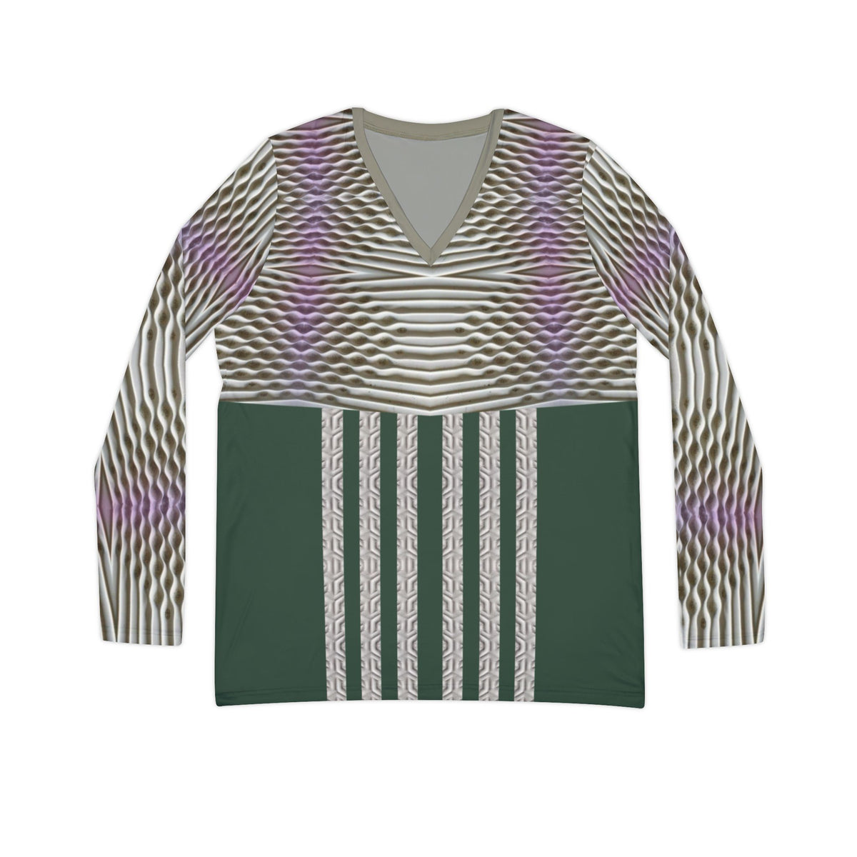 Rich Green,Geometric Wave V-Neck Long Sleeve Shirt