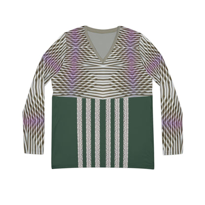 Rich Green,Geometric Wave V-Neck Long Sleeve Shirt