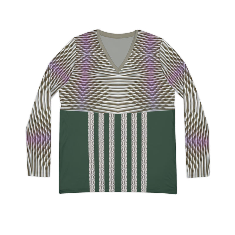 Rich Green,Geometric Wave V-Neck Long Sleeve Shirt