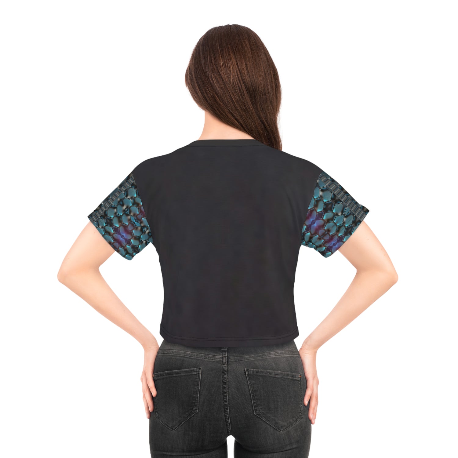 Teal Hexagon,Crop Tee (AOP) .