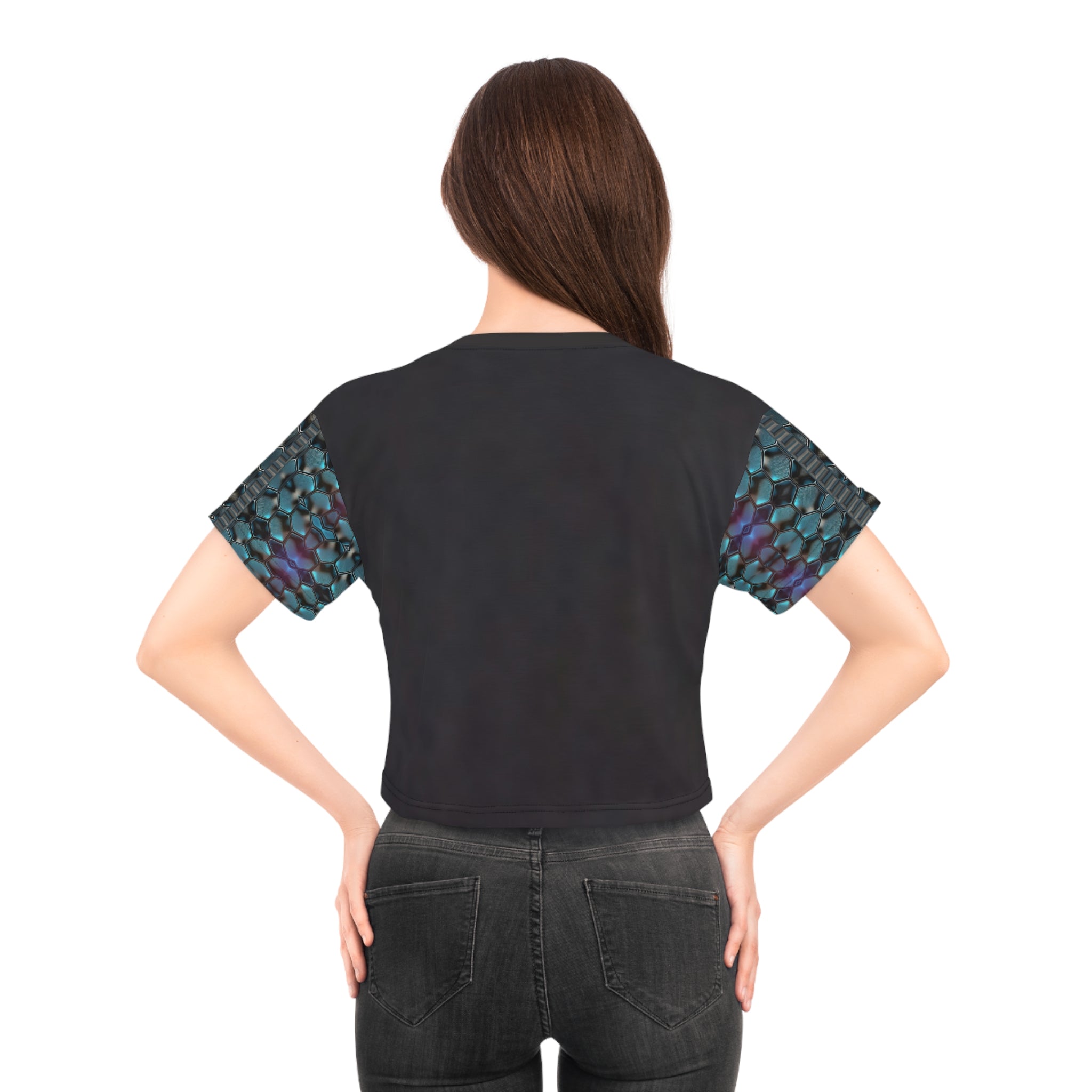 Teal Hexagon,Crop Tee (AOP) .