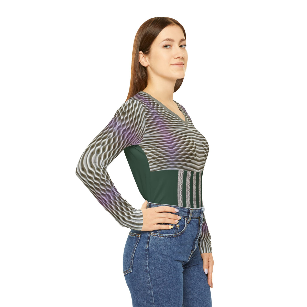 Rich Green,Geometric Wave V-Neck Long Sleeve Shirt