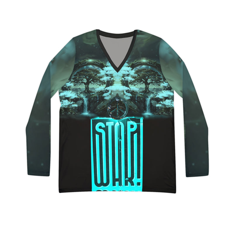 Peace,Women's Long Sleeve V-neck Shirt (AOP)