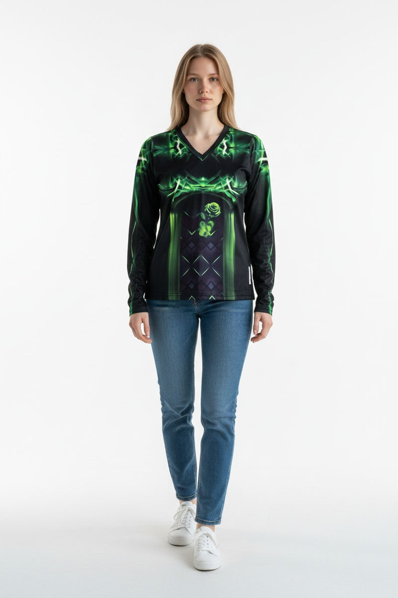 Green rose,V-neck Long Sleeve Tee — Women's