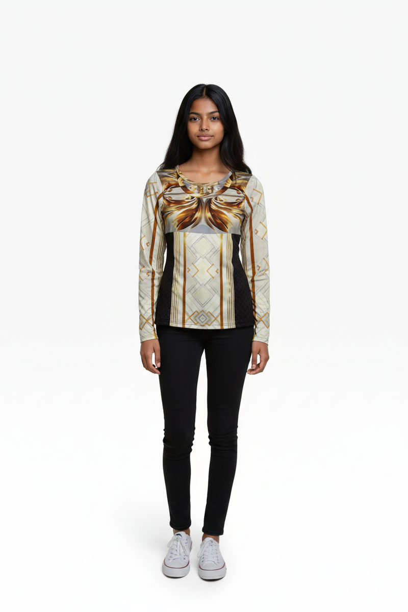 Gold flower, V neck Long Sleeve Tee — Women's